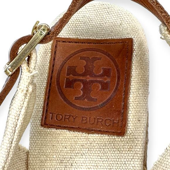 Tory Burch | Sz 6 | Cross-Front Canvas Low-Wedge Espadrille Leather Strap Sandal - Picture 3 of 10